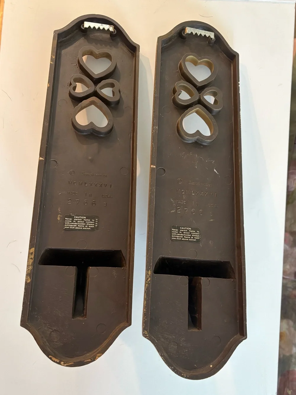 Vintage 1986 Burwood Prod #2766 Wall Sconce Taper Candle Holders Hearts Wood
